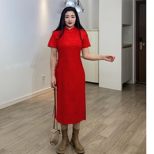 大码女装2024年新中式中国红大红色，改良旗袍敬酒服回门新娘连衣裙