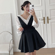 韩国东大门法式翻领白色，衬衫女+黑色背带连衣裙，背心伞裙两件套装
