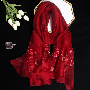 红色喜庆妈妈婚礼婚宴装真丝羊毛旗袍披肩长款围巾外披薄款披肩女