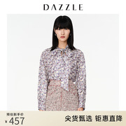 DAZZLE地素奥莱 春季印花桑蚕丝系带V领衬衫上衣女