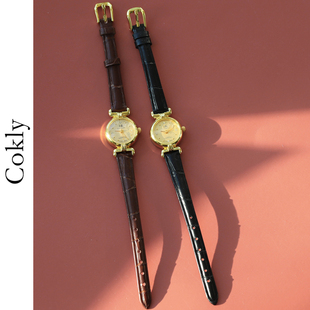 vintage上海产复古镀金小金，女表黑色真皮，表带手动机械考试90年代