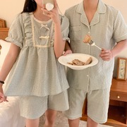 情侣睡衣女夏季短袖短裤韩版甜美清新休闲格子，棉麻家居服两件套装