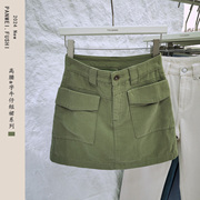 wawa军绿色牛仔短裙裤，女a字裙子，2024夏季高腰显瘦包臀半身裙