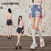 lacrawfish甜酷女团风撞色绑带，火焰烫钻破洞直筒高腰牛仔短裤女