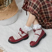 日系甜美单鞋女洛丽塔可爱蝴蝶结平底学生小皮鞋鸿，上芸红色萝莉鞋