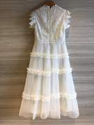 白色礼服裙蛋糕裙拼接网纱蓬蓬裙仙女裙法式连衣裙蕾丝长裙常规袖