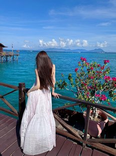 马尔代夫海边旅游拍照度假沙滩长裙超仙女紫色性感露背挂脖连衣裙