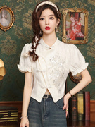 新中式盘扣立领白色衬衫女装国风改良泡泡袖衬衣夏季短袖洋气上衣