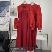 红色连衣裙长裙女拼接印花图案，韩版气质百搭长袖女装a#7