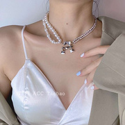 众小水晶蝴蝶结项链2021年女夏高级感水钻珍珠，拼接锁骨颈链潮