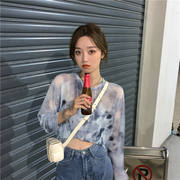 网纱T恤女透视纱衣夏季薄款扎染长袖上衣宽松透明防晒衣罩衫ins潮