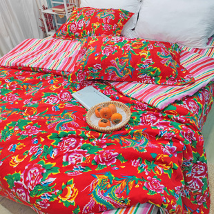 红色四件套东北大花布结婚被罩纯棉条纹床单，复古风古典中式简约