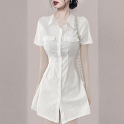 白色夏气质(夏气质)职业，纯棉衬衫裙短裙，修身显瘦纯白衬衫连衣裙衬衣裙子