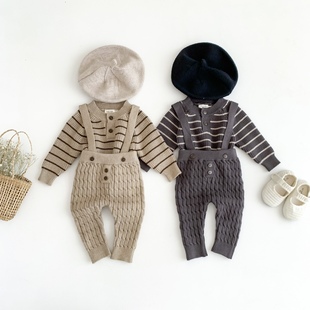 韩版婴儿衣服秋冬装男宝宝条纹针织衫套头毛衣上衣背带裤套装洋气
