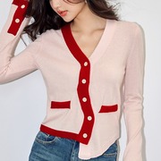 O3169小众品牌春装撞色不对称v领针织开衫女法式活力粉红毛衣