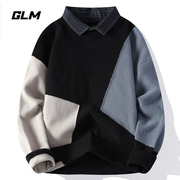 森马集团GLM秋冬打底衬衫领假两件套头保暖毛衣 男带领针织衫外套
