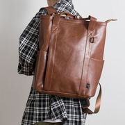 韩版男士旅行背包复古PU皮学生书包个性时尚大容量双肩包电脑背包