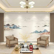 新中式黑白山水电视背景墙壁纸意境，水墨客厅沙发影视墙布定制壁画
