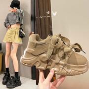 机车老爹鞋女2024年韩版小个子松糕厚底增高绑带休闲运动鞋子