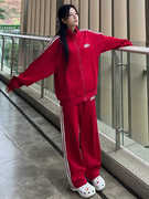 休闲运动套装女春秋宽松减龄时尚洋气显瘦红色条纹撞色卫衣两件套