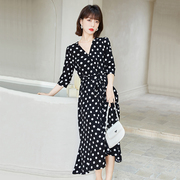 2024夏季韩版法式黑色波点长裙收腰显瘦气质长款连衣裙