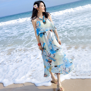 夏吊带(夏吊带)裙子，高腰大摆雪纺连衣裙海边度假沙滩裙波西米亚长裙女