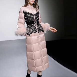2023冬季时尚名媛轻奢高级感貉子毛重工(毛重工，)蕾丝中长款羽绒服外套