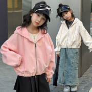 女童春装卫衣外套2024韩版洋气中大童开衫上衣，夹克连帽时髦潮