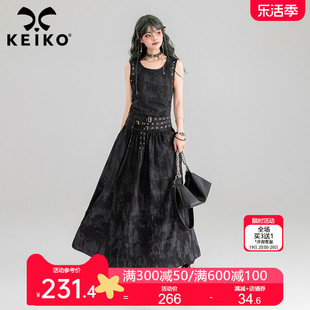 keiko酷飒新中式扎染黑色连衣裙，夏季铆钉饰系带，显瘦大u领背心长裙