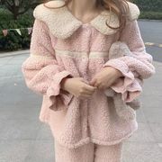 珊瑚绒睡衣女冬季套装加绒加厚甜美可爱可外穿学生宽松纯色娃娃领