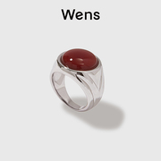 Wens复古银色红玛瑙戒指设计师小众高级博主同款