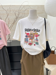 小哲2024年夏季韩国做旧卡通小狗，印花设计感短袖t恤女上衣
