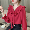 红色T恤上衣女复古法式春秋季设计感小众长袖雪纺娃娃领衬衫