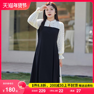 2024年春季大码女装新中式长款A字裙显瘦胖MM拼接蕾丝连衣裙