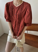 蕾丝拼接压褶圆领泡泡袖衬衫，女2024夏季韩版薄款休闲纯色小衫