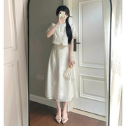 新中式流苏盘扣花苞短袖改良旗袍上衣显瘦高腰A字半身裙两件套装