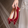 桃夭结婚鞋子新娘，鞋酒红色高跟鞋女绒面低跟秀禾服婚鞋中式蝴蝶结