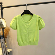 牛油果绿镂空针织开衫女短袖，t恤女短款冰丝，夏季薄款泡泡袖小披肩