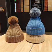 双层加厚毛线帽子女韩版冬天甜美可爱毛球护耳帽日系字母针织帽潮
