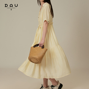 DAU原创设计气质连衣裙女神范黄色V领连身裙子翻领显瘦法式中长裙