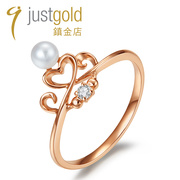 justgold鎮金店为爱加冕3分钻石18K玫瑰色黄金珍珠戒指7783512R
