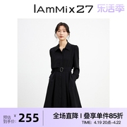 IAmMIX27黑色长袖连衣裙女高腰显瘦法式复古精致衬衫裙女中长裙子