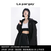Lapargay纳帕佳2023女装黑色上衣个性时尚长袖连帽抽绳短外套