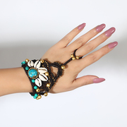 欧美复古编织手链波西米亚女个性民族风松石铃铛手环戒指一体配饰