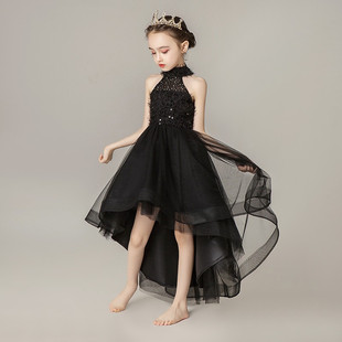 高级黑色纱裙走秀拖尾晚礼服儿童，前短后长公主裙小提琴女童演出服