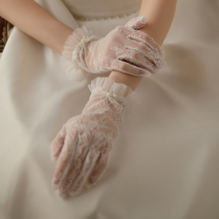 wg076法式白色超仙短款蕾丝，荷叶花边婚礼服，晚宴写真新娘婚纱手套