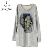 fairyfair春装订珠网纱复古美女图案灰色中长款长袖t恤针织衫