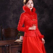2021冬季红色新娘加棉敬酒服结婚礼服复古中式旗袍套装大立领纱裙