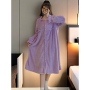 紫色开衫珊瑚绒睡裙，冬季女款中长款睡衣，2023秋冬加厚加绒长袖