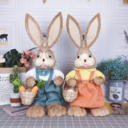 天然动物情侣创意可爱花园草编兔子摆件大号森系婚礼摆件家居饰品
